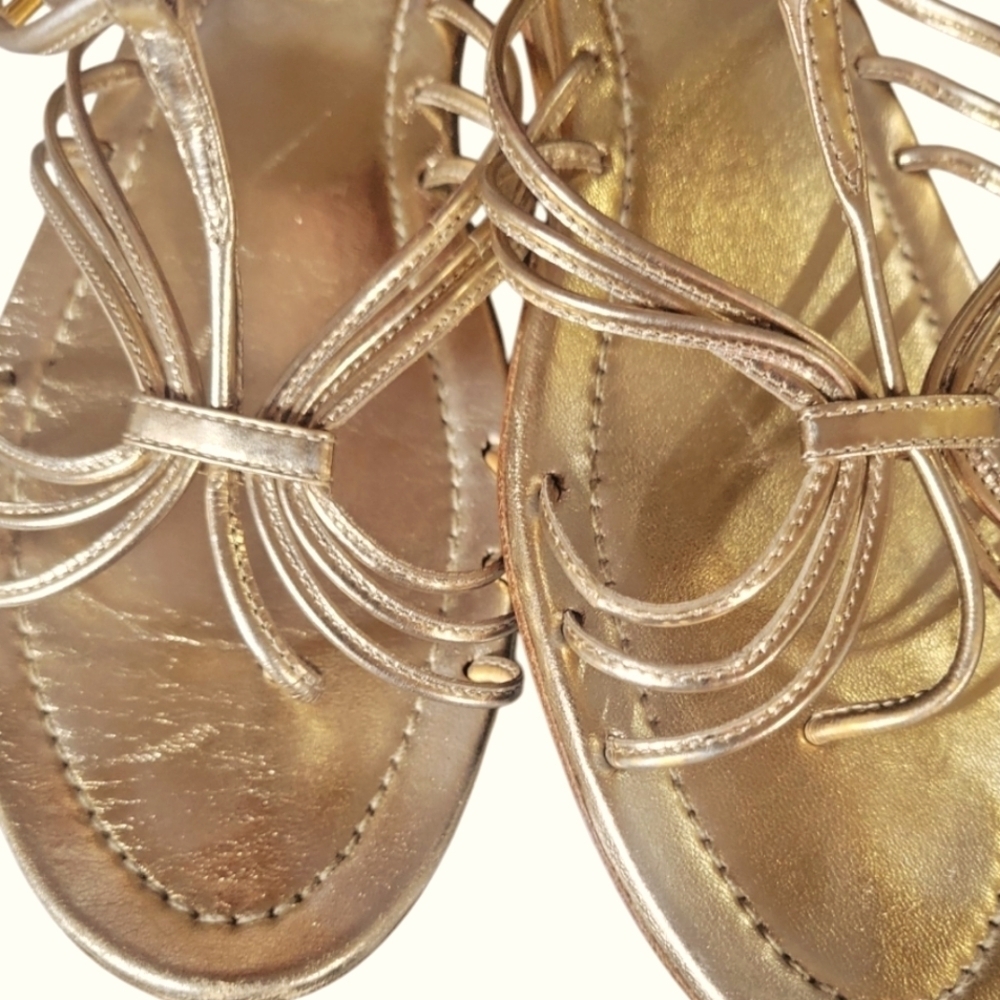 Prada Women's Elegant Gold Gladiator Style Ankle Buckle Strappy Sandals 38 1/2 - Picture 4 of 9